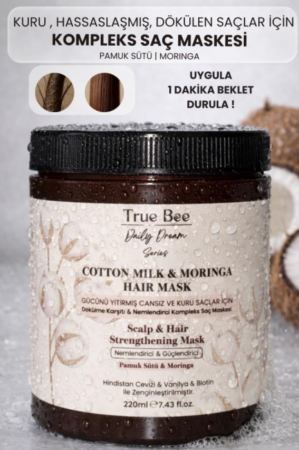 Anında İpeksi Yumuşaklık Veren Kuru, Hassas, Dökülen Saçlar için Pamuk Sütü & Moringa Saç Maskesi