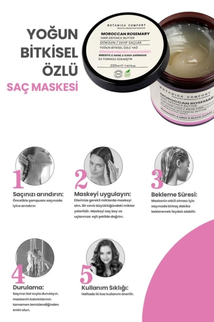 BOTANICA COMFORT Dökülme Önleyici Güçlendirici Saç Oluşumu Destekleyici Biberiye, Kara Sarımsak Saç Maskesi 220 ML