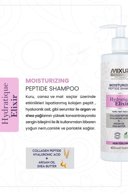 Mixup! Kuru ve Mat Saçlar için Hyaluronik Asit,Kolejen Peptit Kompleks Nem Veren Besleyici Şampuan 400 ML
