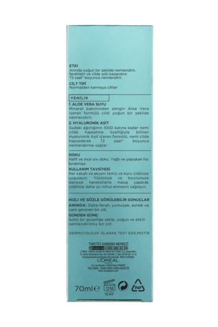 L'Oreal Paris Nem Terapisi Aloe Vera Suyu Normalden Karmaya Ciltler İçin 70 ml