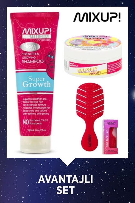 Mixup Super Growth Yavaş Uzayan Saçlara Özel Şampuan 250 Ml + Fuşya Çanta Boyu 3d Tarak + Sulphur Tirnak Yagi 56 gr