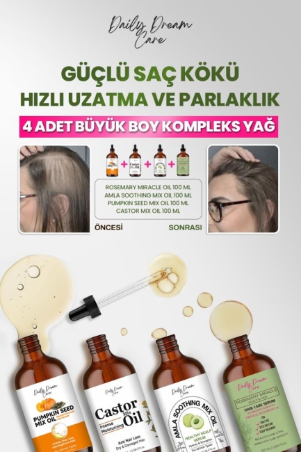 Süper 4'Lü Kompleks Yağ Bakım Seti Hızlı Saç Uzatma, Saç Kökü Güçlendirme, Gürleştirme(100 Ml x 4 )