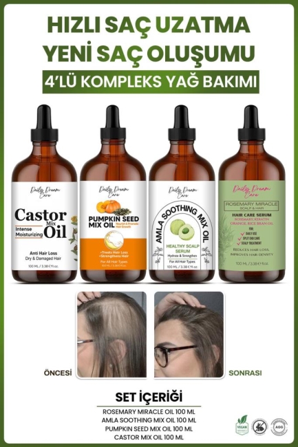 Süper 4'Lü Kompleks Yağ Bakım Seti Hızlı Saç Uzatma, Saç Kökü Güçlendirme, Gürleştirme(100 Ml x 4 )